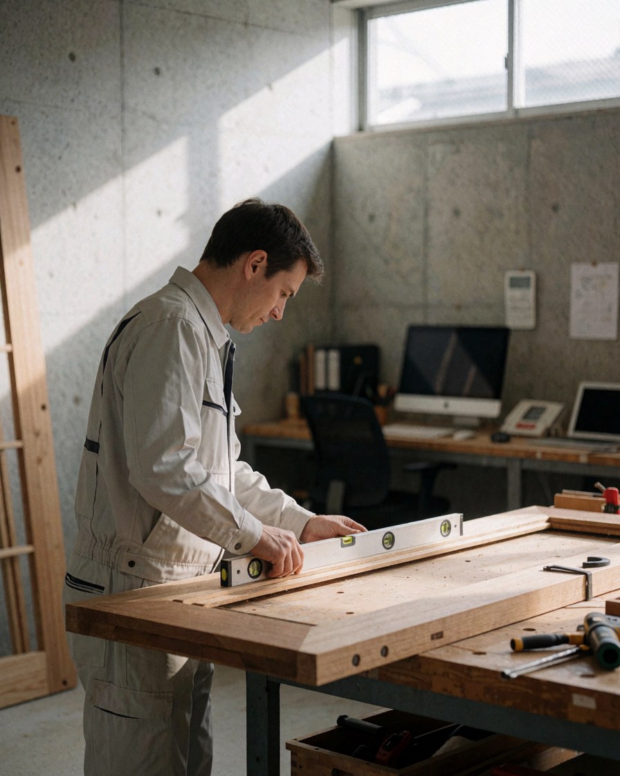 Un menuisier professionnel mesure un nouveau cadre de porte en bois avec un niveau métallique dans un atelier éclairé par la lumière du jour.