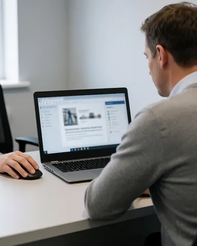 Une cliente consulte un échantillon numérique sur un écran d'ordinateur portable dans un bureau moderne.