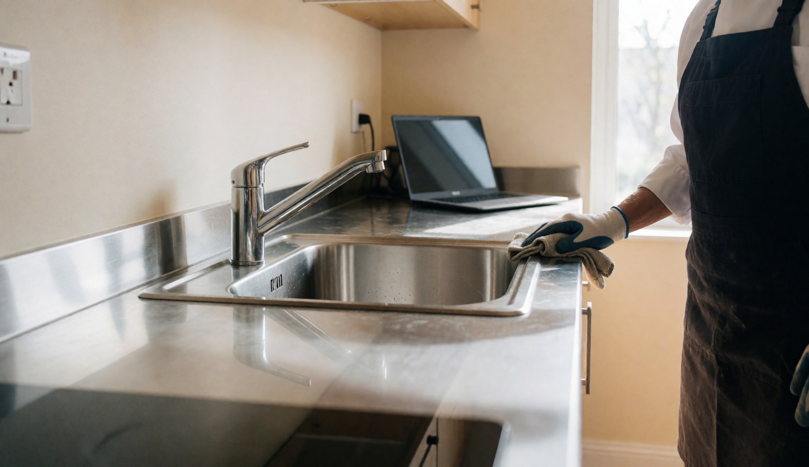 Un professionnel en gants nettoie un évier en acier inoxydable dans une cuisine moderne baignée de lumière naturelle et aux murs beige.