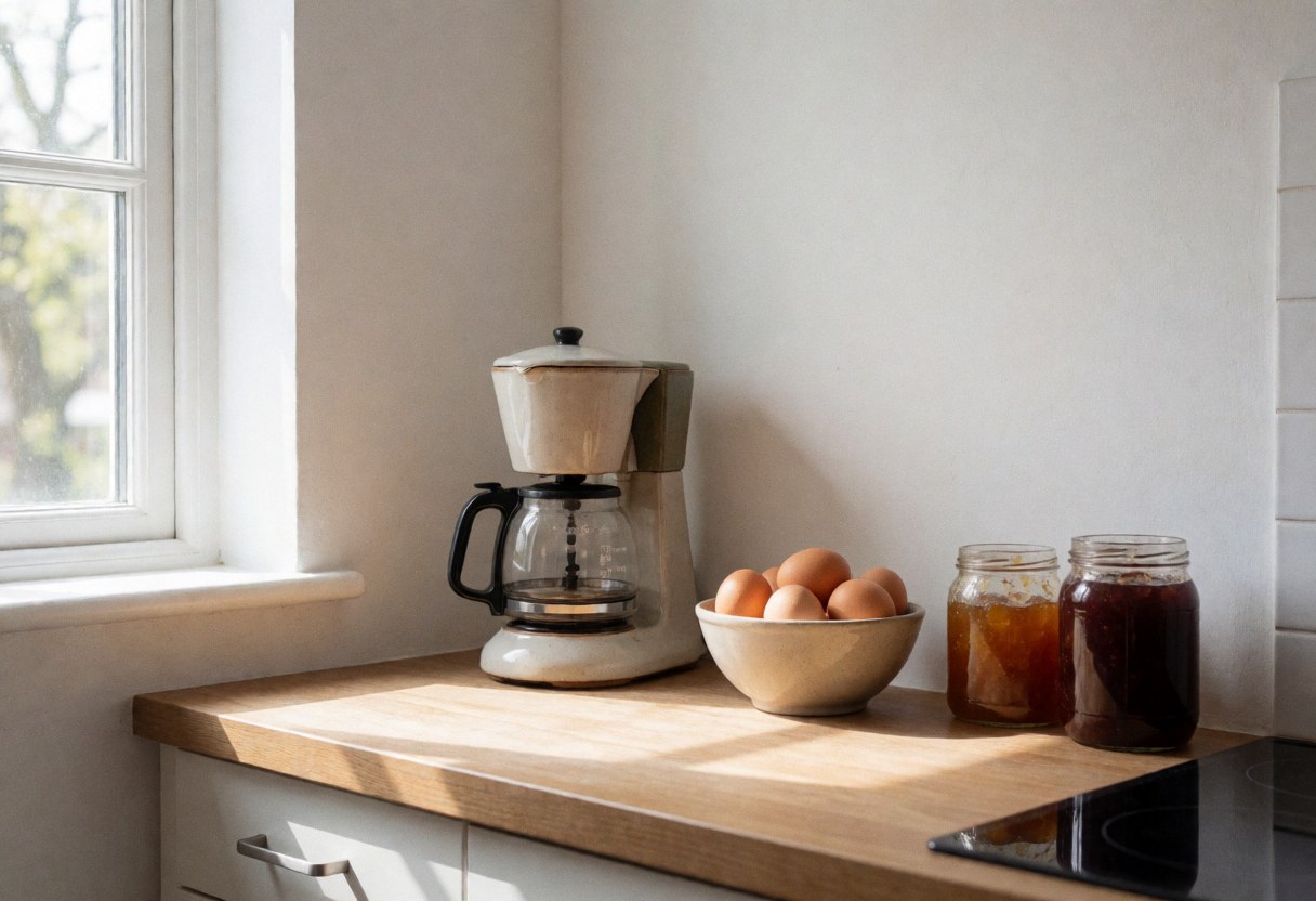 Cuisine rustique avec cafetière, œufs frais et confiture dans des pots, éclairée par la lumière naturelle d'une fenêtre, idéale pour un hébergement rural.