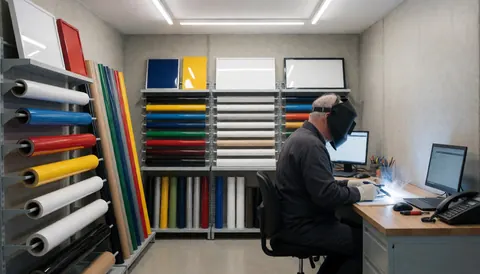 Un professionnel manipule du vinyle dans un atelier d'impression, entouré d'échantillons de couleurs et de matériaux, avec des murs en béton et une lumière vive.