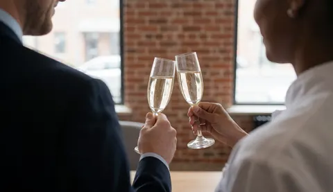 Deux individus portent un toast avec des verres de champagne dans un intérieur éclairé par la lumière naturelle, devant un mur de briques, évoquant une célébration.