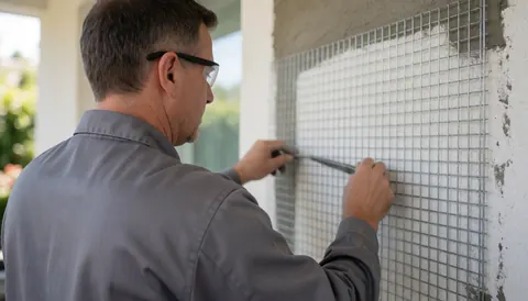 Un technicien portant des lunettes de sécurité fixe un treillis métallique sur un mur extérieur pour l'isolation thermique, tenant un outil à la main sous une lumière naturelle.