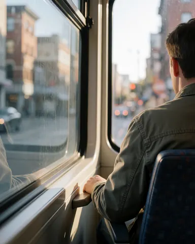 Un jeune passager observe la ville par la fenêtre du train. La lumière du coucher de soleil éclaire son épaule et le siège bleu à motifs.
