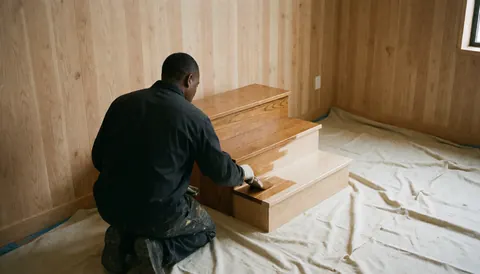 Un professionnel applique du vernis sur des marches en bois dans une pièce avec des murs en panneaux et du papier de protection au sol.