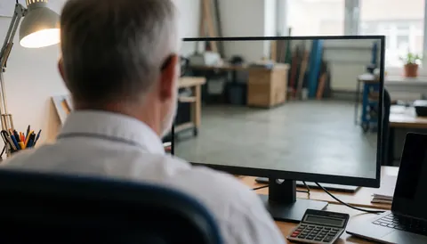 Vue arrière d'une personne assise à un bureau avec un écran, une calculatrice et des crayons, le reflet d'un atelier industriel apparaissant sur la surface de l'écran.