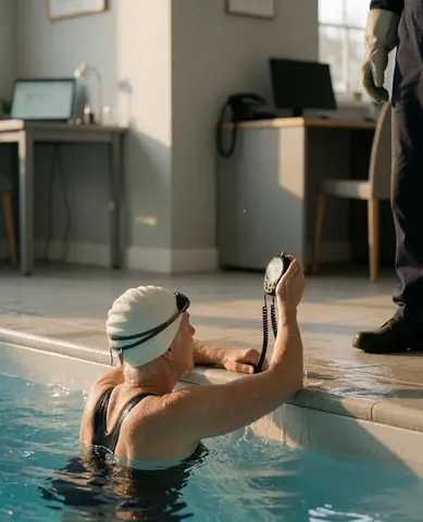 Un nageur portant un bonnet et tenant un chronomètre dans une piscine intérieure éclairée par une lumière chaude, scène d'entraînement.