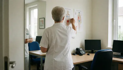 Physiothérapeute de dos ajustant un poster anatomique dans un cabinet propre et lumineux avec miroir et bureau.