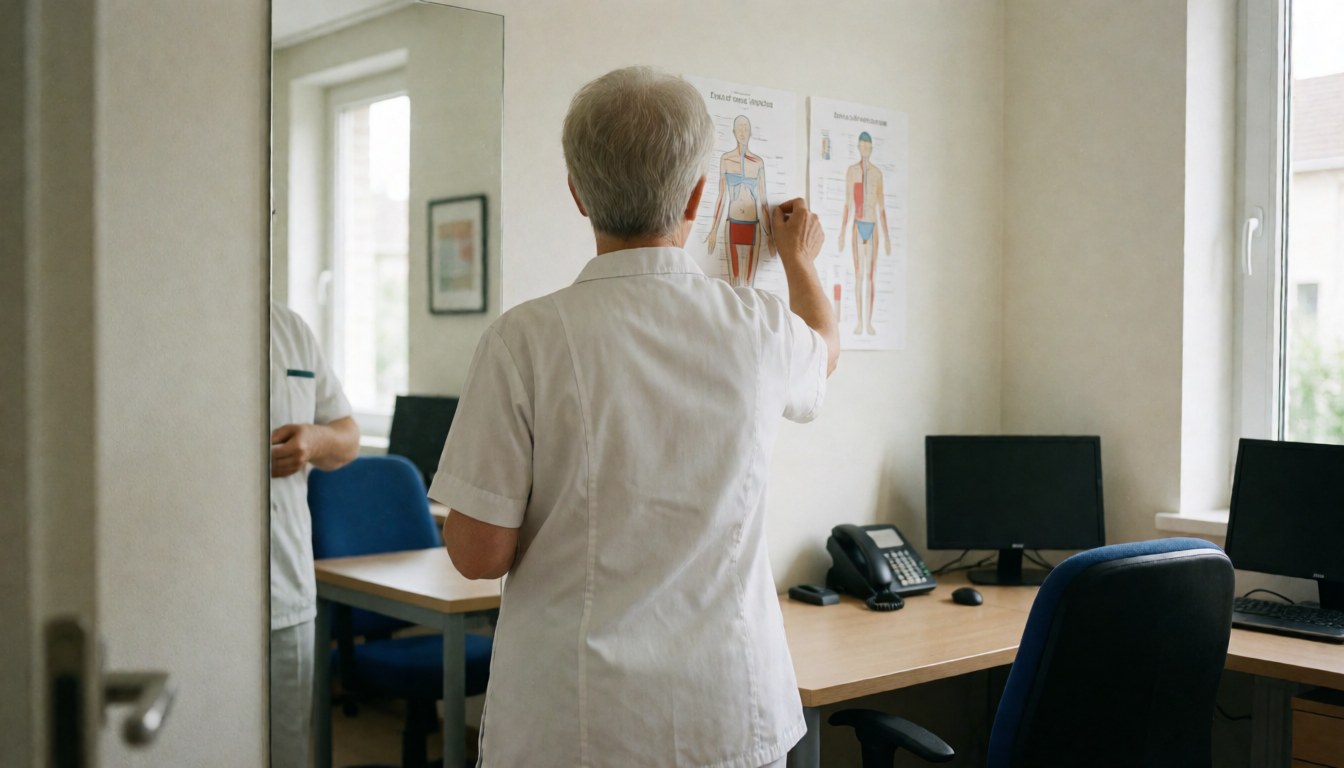 Physiothérapeute de dos ajustant un poster anatomique dans un cabinet propre et lumineux avec miroir et bureau.