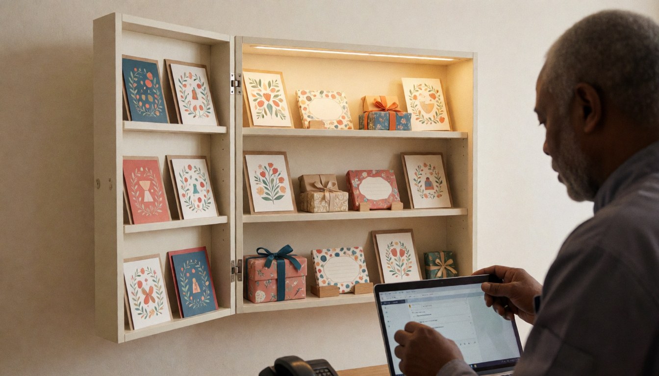 Étagère contenant des cartes et des cadeaux éclairés, mur clair, personne de dos travaillant avec un ordinateur portable dans une papeterie.