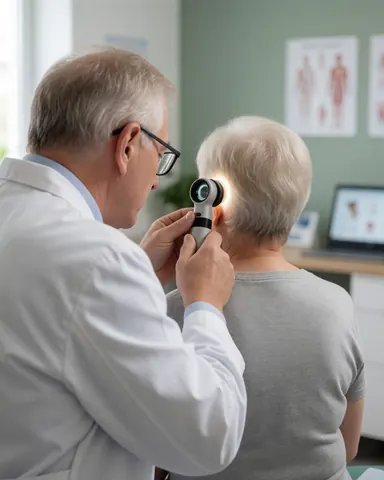 Un médecin en blouse blanche examine la peau d'une patiente avec un dermatoscope dans un cabinet médical aux murs verts et à l'éclairage clinique.