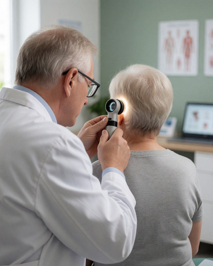Un médecin en blouse blanche examine la peau d'une patiente avec un dermatoscope dans un cabinet médical aux murs verts et à l'éclairage clinique.