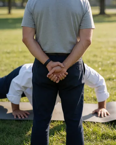 Un coach observe un client faisant des pompes sur un tapis de yoga dans un jardin ensoleillé le matin.