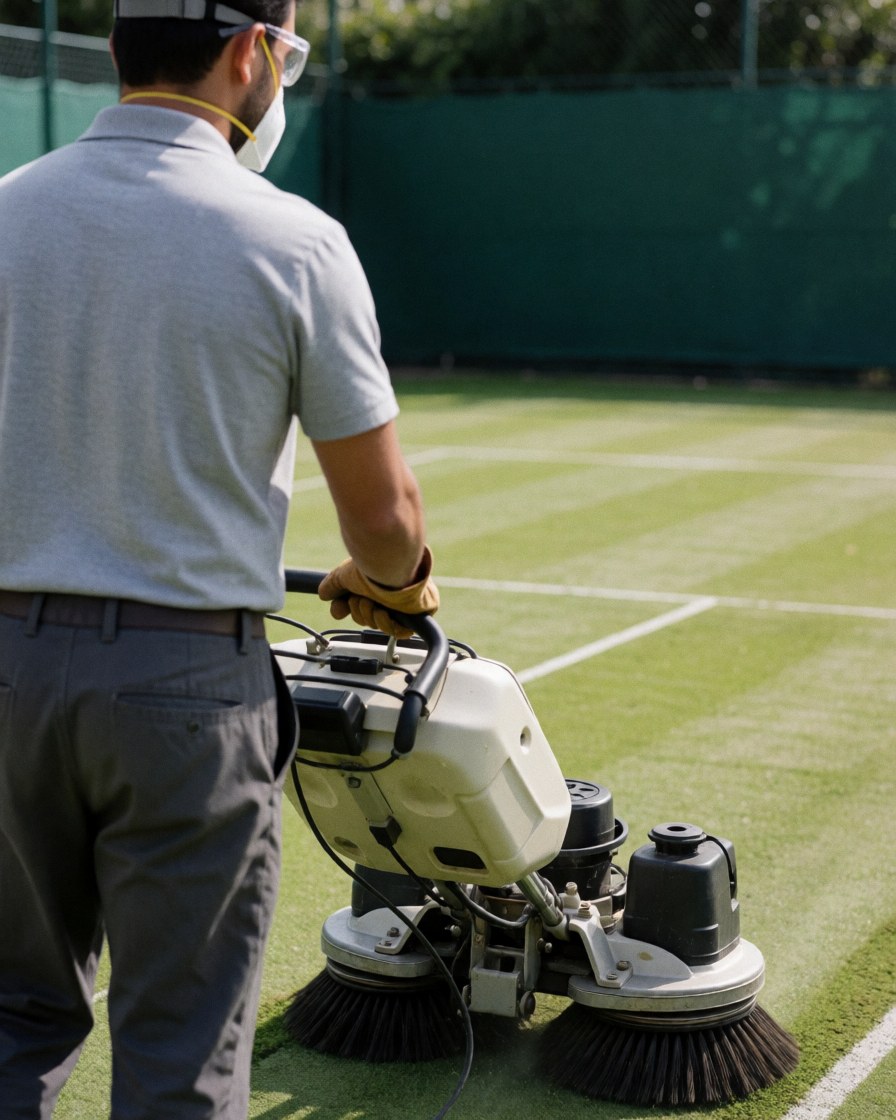 Un ouvrier portant masque et lunettes de sécurité utilise une machine de nettoyage sur un court de tennis aux lignes blanches sous un soleil éclatant.