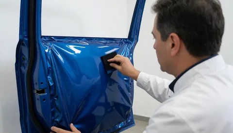 Un technicien applique un film vinyle bleu brillant sur la portière d'un véhicule. Arrière-plan blanc uni offrant un espace de texte libre pour la mise en page.