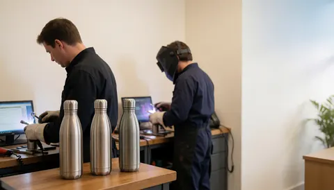 Trois bouteilles en acier inoxydable posées sur une table en bois, avec deux soudeurs travaillant dans un atelier de métal.