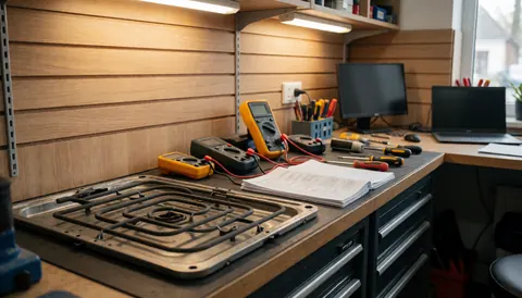 Multimètres, outils et manuel ouvert sur une table de travail en bois dans un atelier de réparation d'ovens.