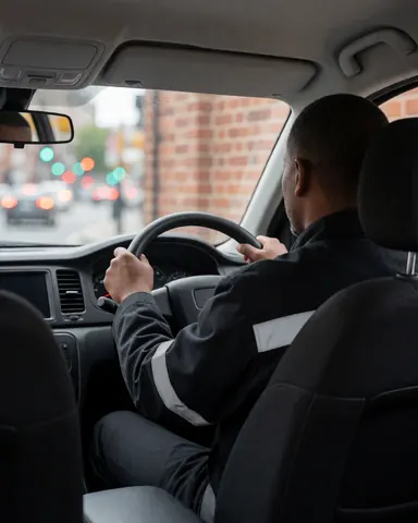 Un chauffeur de taxi portant un uniforme réfléchissant conduit son véhicule sur une rue bordée d'un mur de briques rouges avec des lumières de circulation floues en arrière-plan.