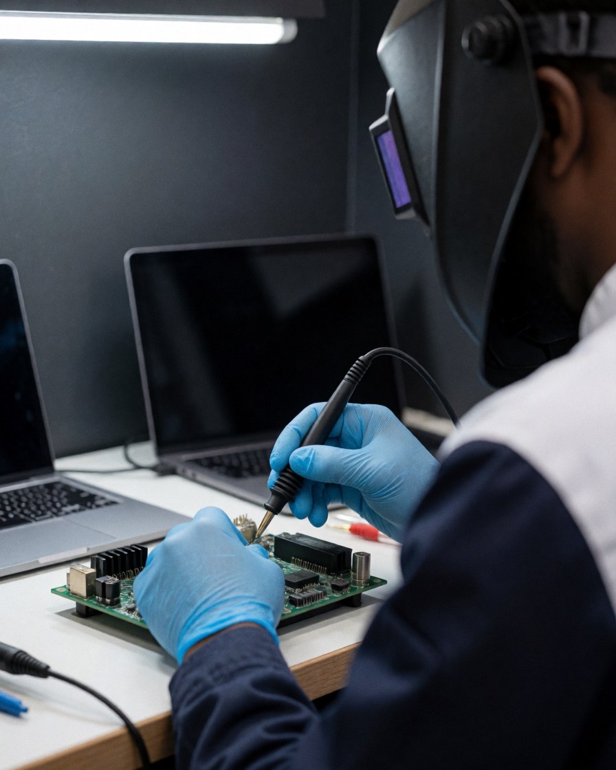 Technicien portant des gants bleus effectuant une soudure sur un circuit posé sur une table blanche, entouré d'un ordinateur portable et d'outils dans un atelier de réparation.