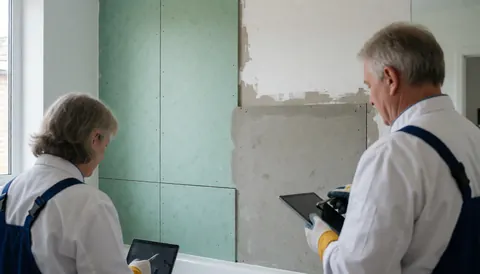 Deux professionnels tenant des tablettes inspectent un mur préparé avec des panneaux de ciment vert et gris, éclairé par la lumière naturelle.