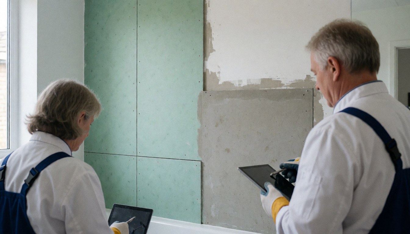 Deux professionnels tenant des tablettes inspectent un mur préparé avec des panneaux de ciment vert et gris, éclairé par la lumière naturelle.