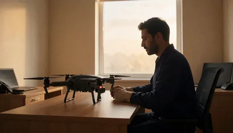 Un professionnel manipule un drone sur une table en bois dans un bureau aux murs beige avec lumière naturelle, idéal pour un atelier de robotique.