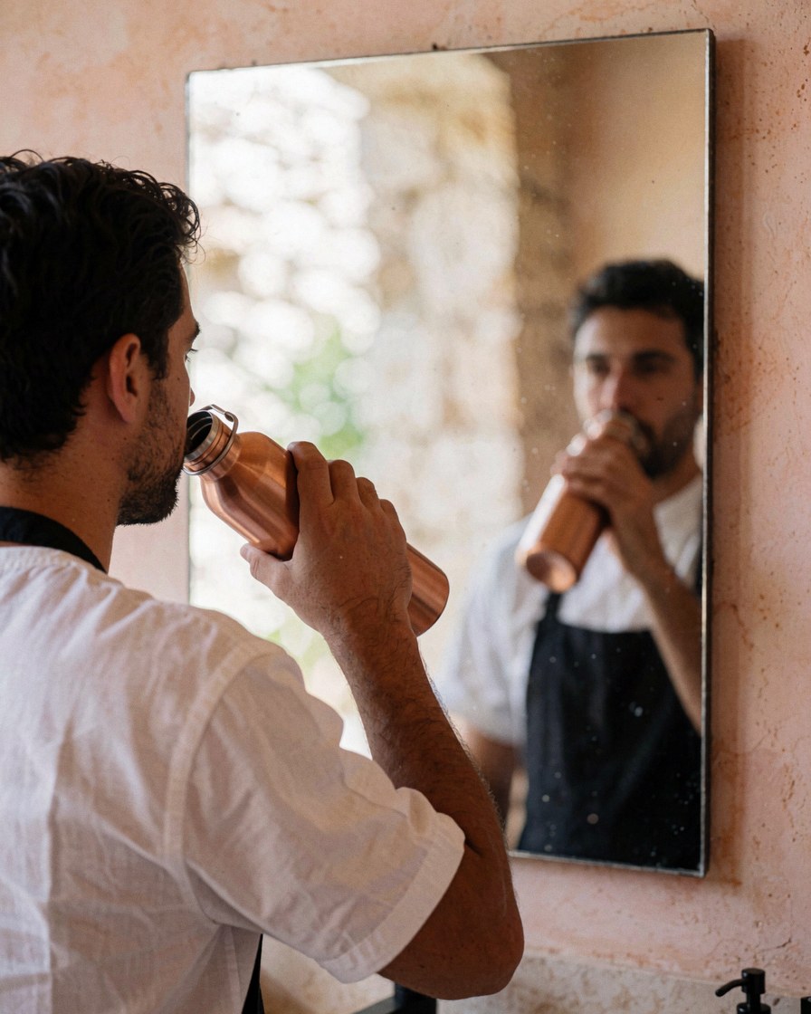 Un client boit de l'eau d'une bouteille en cuivre devant un miroir dans une salle de bain aux murs en pierre et enduit de terre cuite.