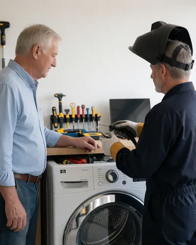 Technicien portant un casque de soudage et des gants, réparant une sécheuse devant un client âgé dans un atelier bien éclairé avec des outils au mur.