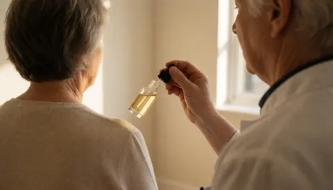 Un thérapeute applique un sérum ambré sur le visage d'un client dans un cadre professionnel aux murs blancs et à la lumière naturelle.