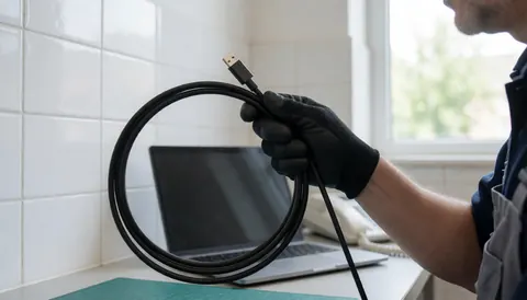 Un technicien en réparation de téléphones présente un câble USB-C sur une table avec un ordinateur portable et un mur de carreaux blancs.