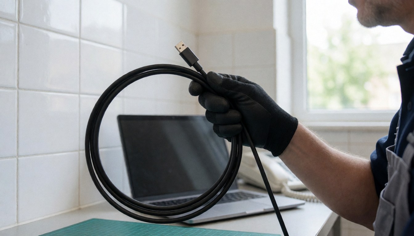 Un technicien en réparation de téléphones présente un câble USB-C sur une table avec un ordinateur portable et un mur de carreaux blancs.