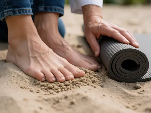 Pieds nus posés sur le sable fin à côté d'un tapis de yoga enroulé, évoquant la détente et le bien-être dans un cadre naturel ensoleillé.