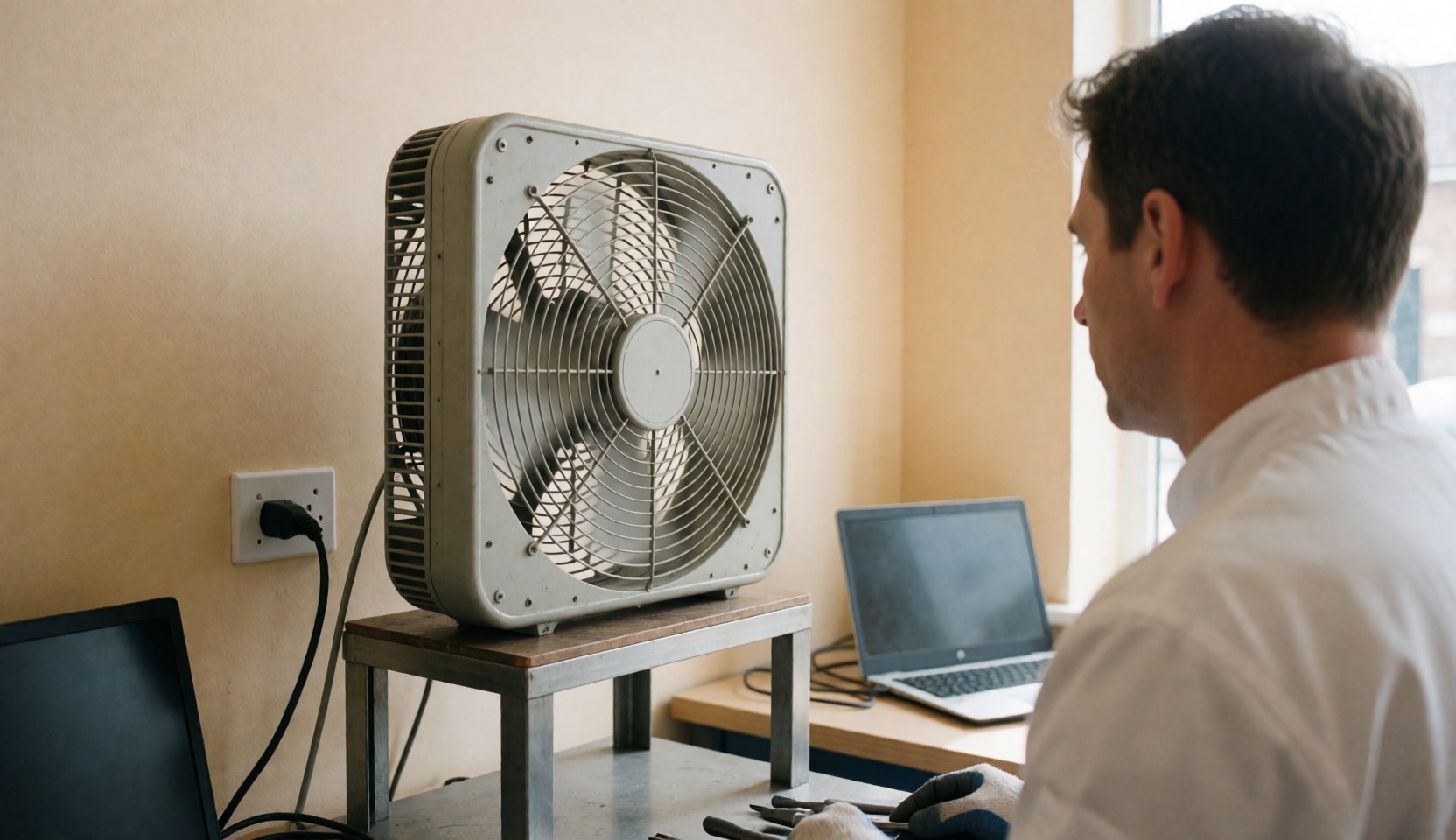 Un ventilateur en cours de test sur une table métallique branchée, une personne observe le fonctionnement dans un atelier aux murs beige.