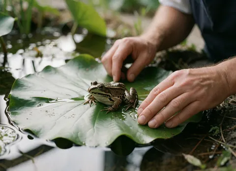 Une grenille se repose sur une grande feuille de lotus au bord de l'eau, observée de près par des mains humaines, idéal pour un parc écologique.