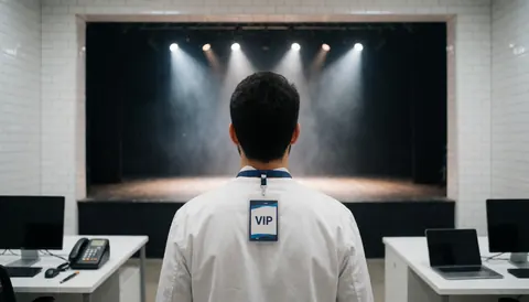 Vue de dos d'une personne avec un badge VIP regardant une scène lumineuse aux murs carrelés blancs dans un centre de spectacles.