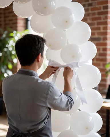 Un décorateur d'événements attache un ruban blanc à un arc de ballons blancs dans une salle avec un mur de briques rouges, montrant une action détaillée et professionnelle.
