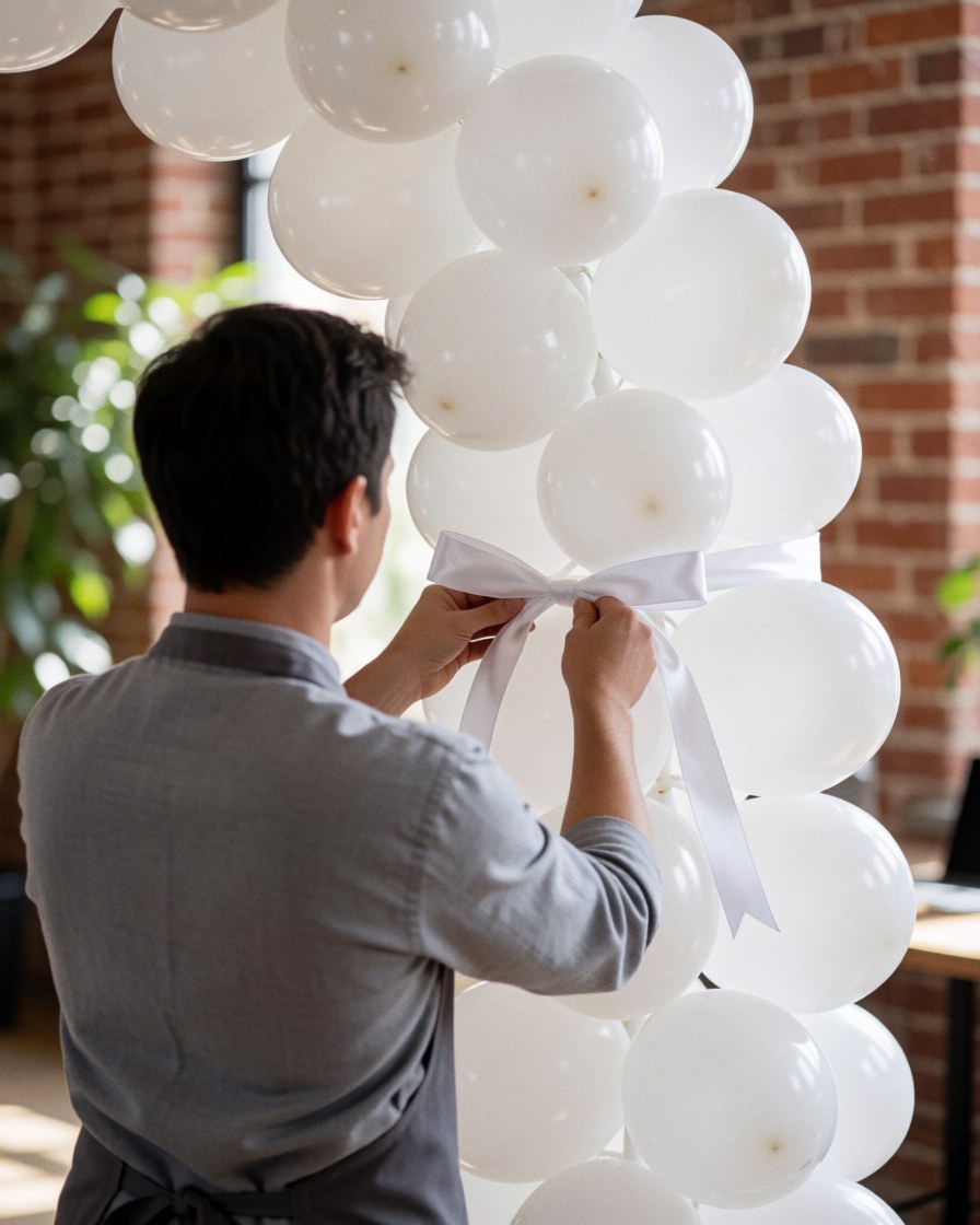 Un décorateur d'événements attache un ruban blanc à un arc de ballons blancs dans une salle avec un mur de briques rouges, montrant une action détaillée et professionnelle.