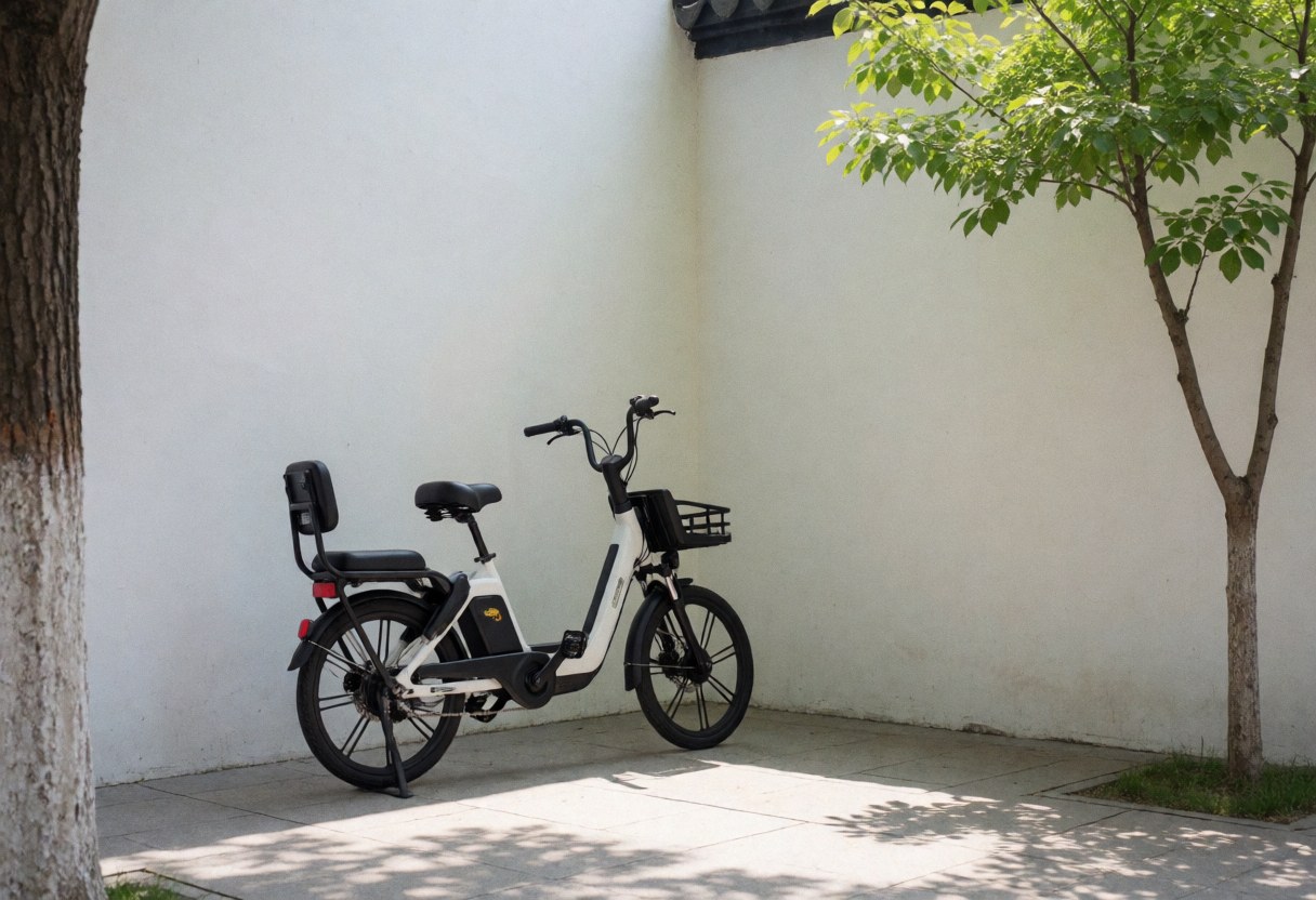 Un vélo électrique avec siège arrière est garé sur une place pavée entourée de murs blancs et d'ombres d'arbres, adapté au transport écologique en zone touristique.