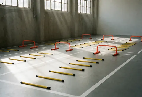 Zone de chauffage de club sportif avec escaliers jaunes et barrières orange sous la lumière du soleil, murs en béton et sol gris avec des lignes blanches.