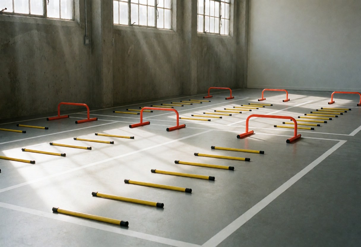 Zone de chauffage de club sportif avec escaliers jaunes et barrières orange sous la lumière du soleil, murs en béton et sol gris avec des lignes blanches.