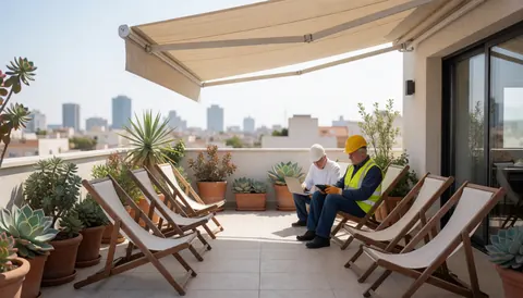Deux ouvriers portant des casques et des gilets de sécurité sur une terrasse équipée d'un store beige, de chaises en bois et de plantes grasses, avec une vue urbaine en arrière-plan.