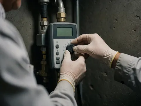 Des mains gantées règlent le cadran d'un instrument de détection de fuites de gaz sur un mur en béton, équipement professionnel pour la réparation de chaudières.