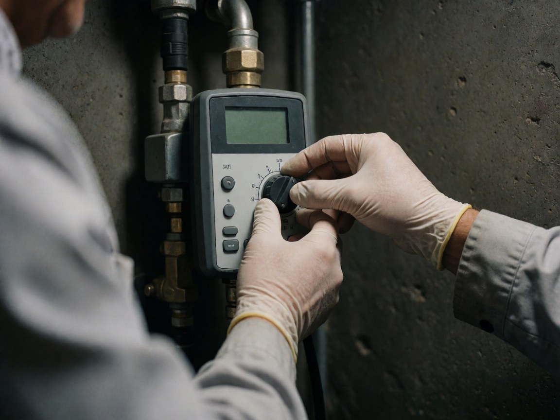 Des mains gantées règlent le cadran d'un instrument de détection de fuites de gaz sur un mur en béton, équipement professionnel pour la réparation de chaudières.