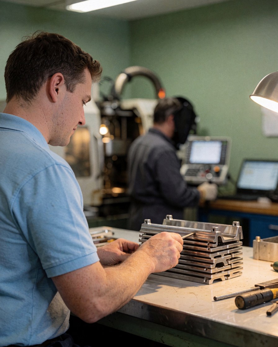 Une cliente examine des pièces métalliques estampées dans un atelier industriel avec des murs verts et de la machinerie en arrière-plan.