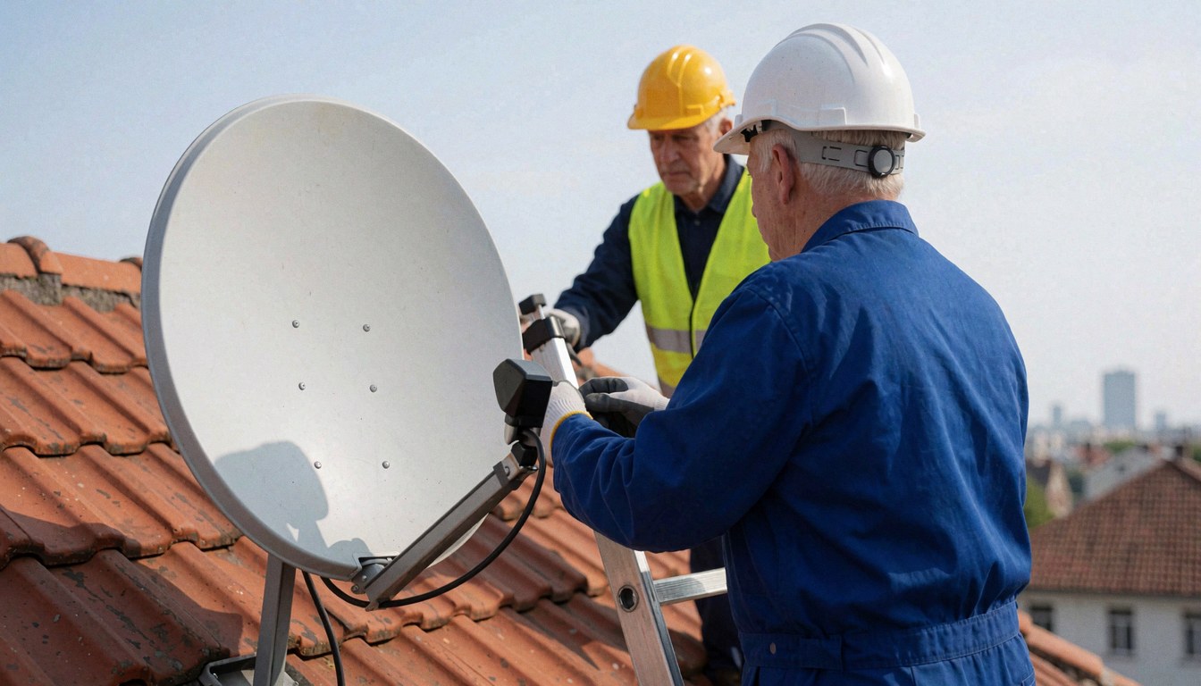 Deux techniciens en casques et gilets de sécurité installent une antenne satellite blanche sur un toit en tuiles rouges sous un ciel bleu dégagé.