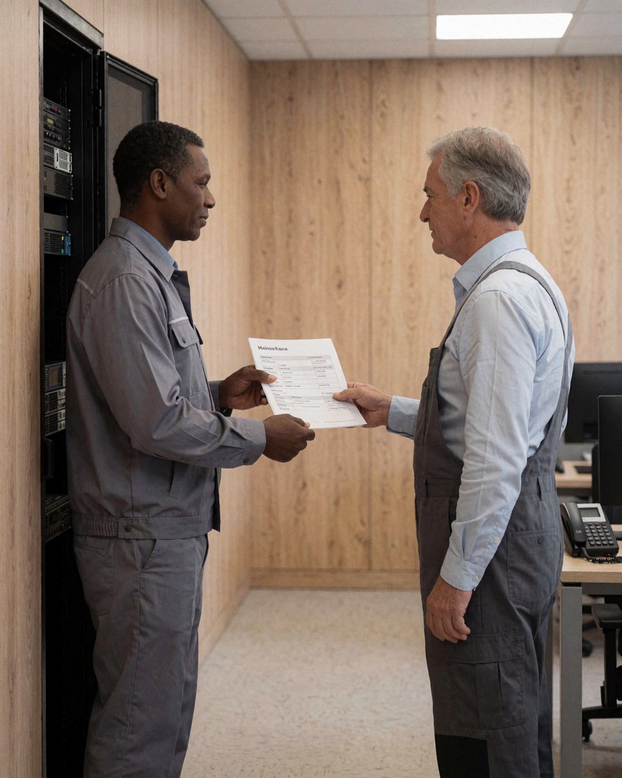 Un technicien de sécurité en uniforme remet un rapport de maintenance à un client dans le couloir d'un bureau moderne.