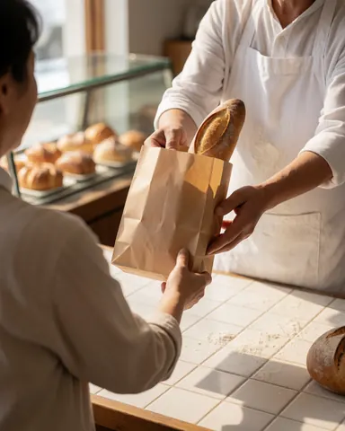 Un boulanger tend une baguette dans un sac en papier à un client dans une boulangerie éclairée par la lumière naturelle, avec d'autres boulangers en arrière-plan.