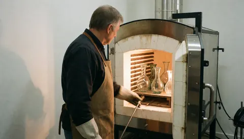 Un artisan en tablier de cuir examine des pièces en verre devant un four ouvert, dans une ambiance professionnelle et chaleureuse.