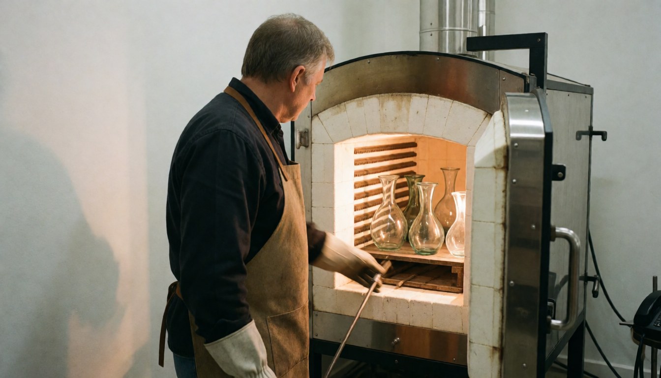 Un artisan en tablier de cuir examine des pièces en verre devant un four ouvert, dans une ambiance professionnelle et chaleureuse.