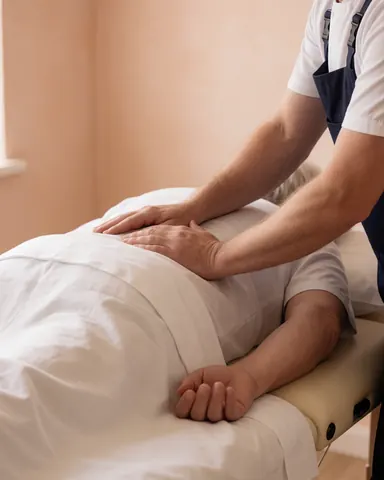Thérapeute réalisant une thérapie manuelle sur un client allongé sur une table de traitement dans un environnement professionnel et relaxant.